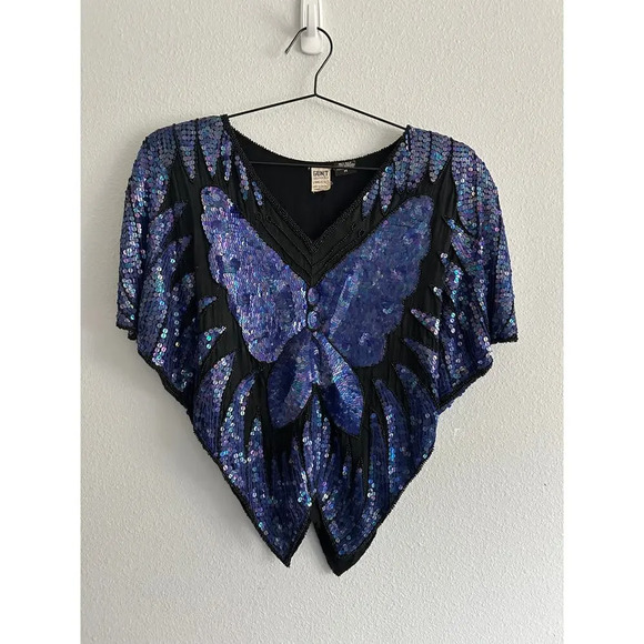 Vintage 70s/80s BUTTERFLY Bluish purple sequin and beaded cape blouse top Sz M - Picture 8 of 15